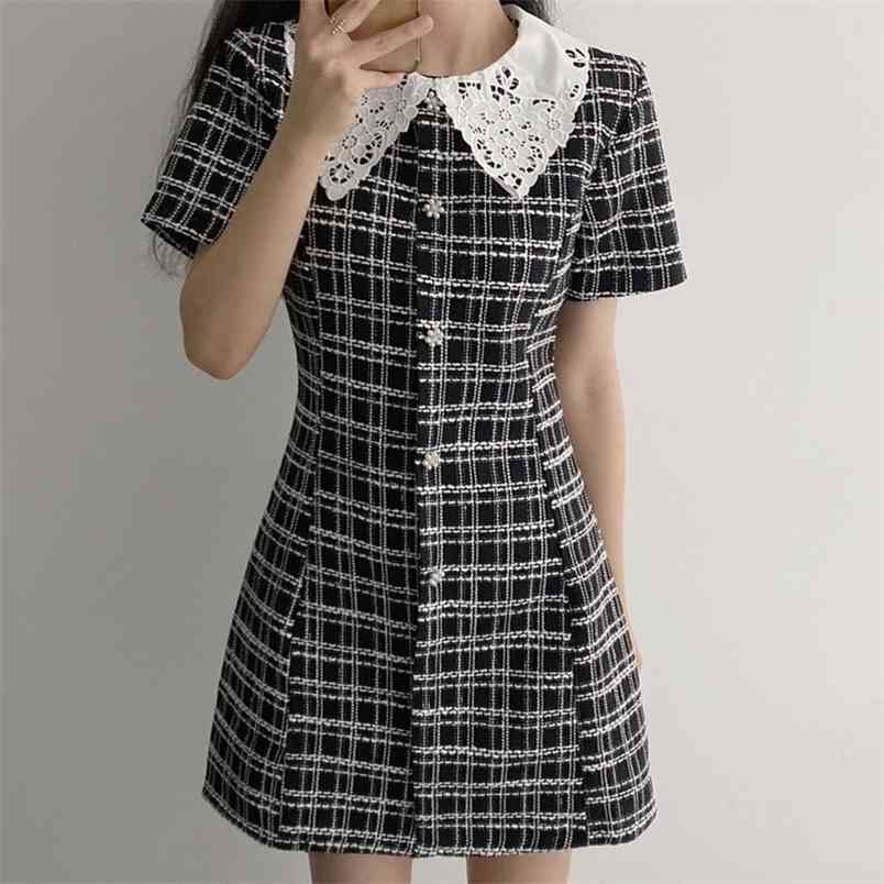 

summer dress Vintage Patchwork Tweed Mini Dress Women Single-breasted short Sleeve vestidos de mujer casual robe femme 210514, Picture color