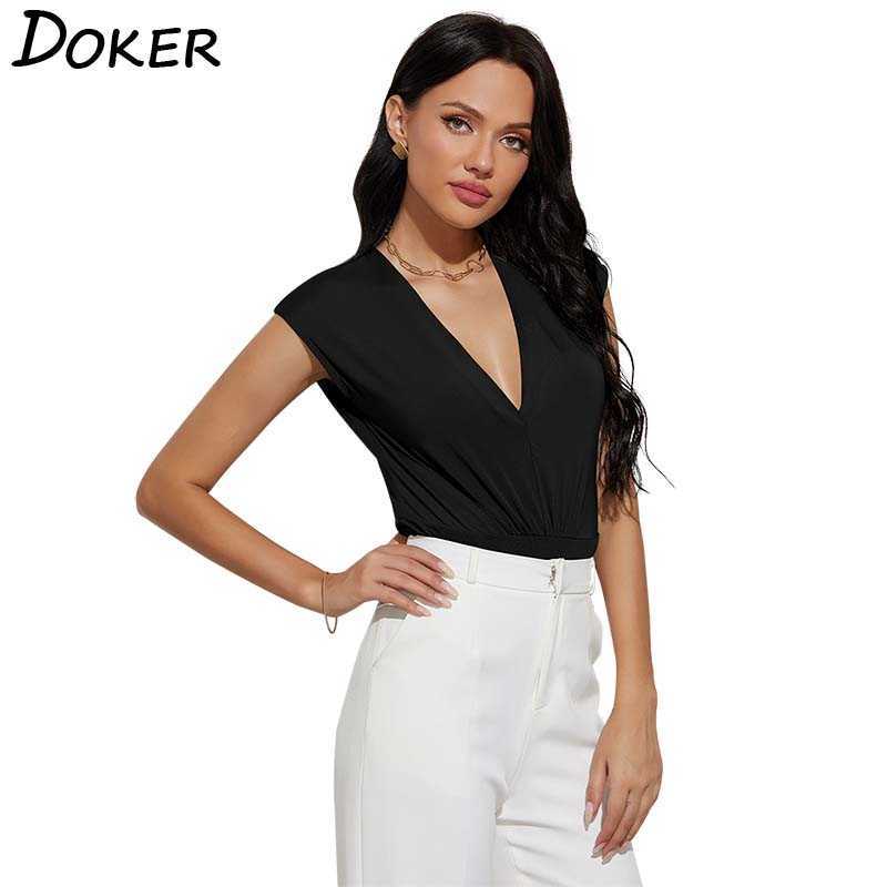 

Solid Color Deep V-neck Sleeveless Stretchy Bodysuits Office Lady Commute Seaside All-match Casual Skinny Bottoming Shirt 210604, Black