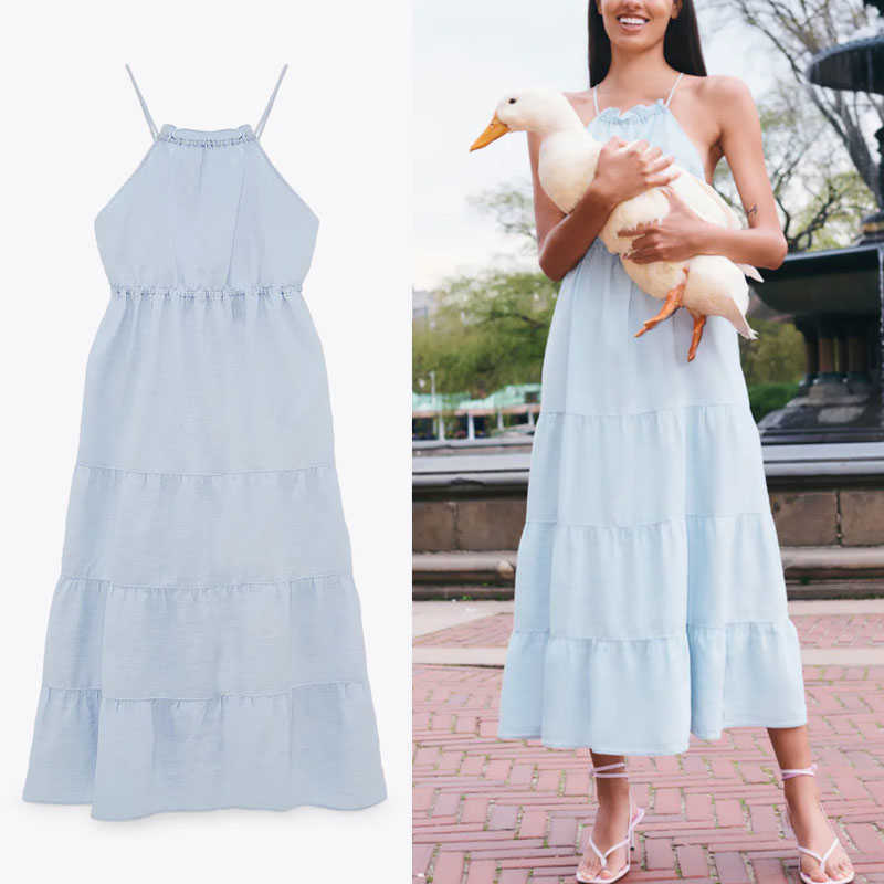 

Za Summer Ruffle Halter Dress Women Sleeveless Spaghetti Straps Backless Sexy Long Dresses Chic Elastic Waist Woman Blue Dress 210602