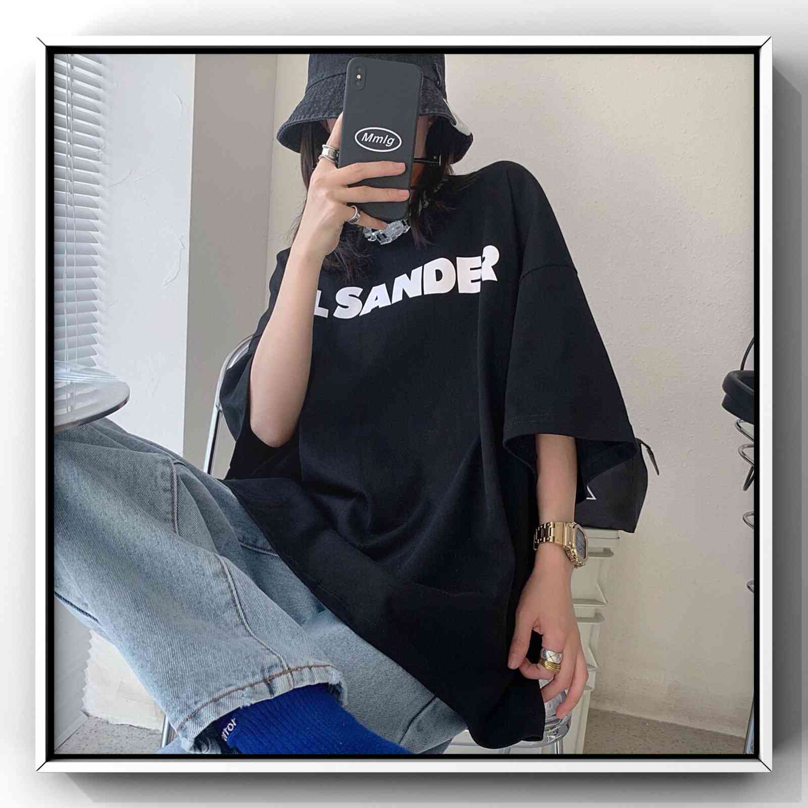 

Jil sander letter print high gram heavy silhouette drape loose black and white T-shirt short sleeve net red men's and women's M4NF, White;black