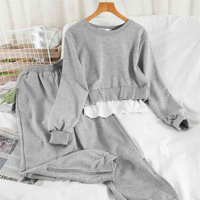 

Women Bottomed Harlan Ankle-Length Pants Short Sweatershirt three Piece Set Fashion Spring Summer 11B617 210525, Gray
