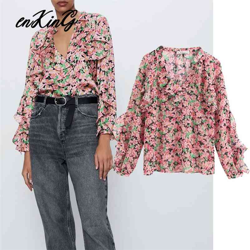 

england style vintage floral cascading vneck za blouse women blusas mujer de moda kimono shirt womens tops and 210628, Pink