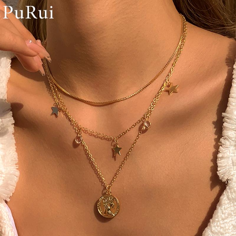 

Bohemian Multilayer Coin Stars Pendant Necklaces For Women Punk Choker Round Rhinestone Jewelry Party Gift Chokers, Golden;silver