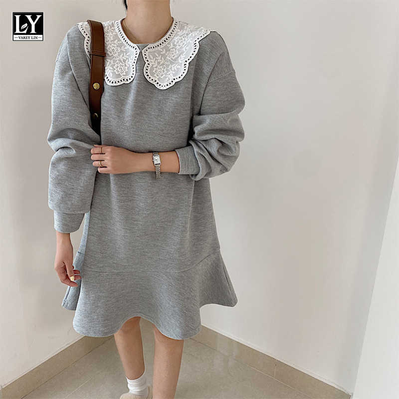 

LY VAREY LIN Autumn Winter Women Peter Pan Collar Casual Warm Oversize Trumpet Mini Dress Fashion 210526, Gray