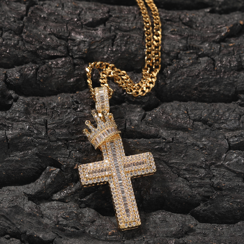 

Men Hip Hop Style Cubic Zirconia Micro Pave Cross and Crown Pendant Necklace