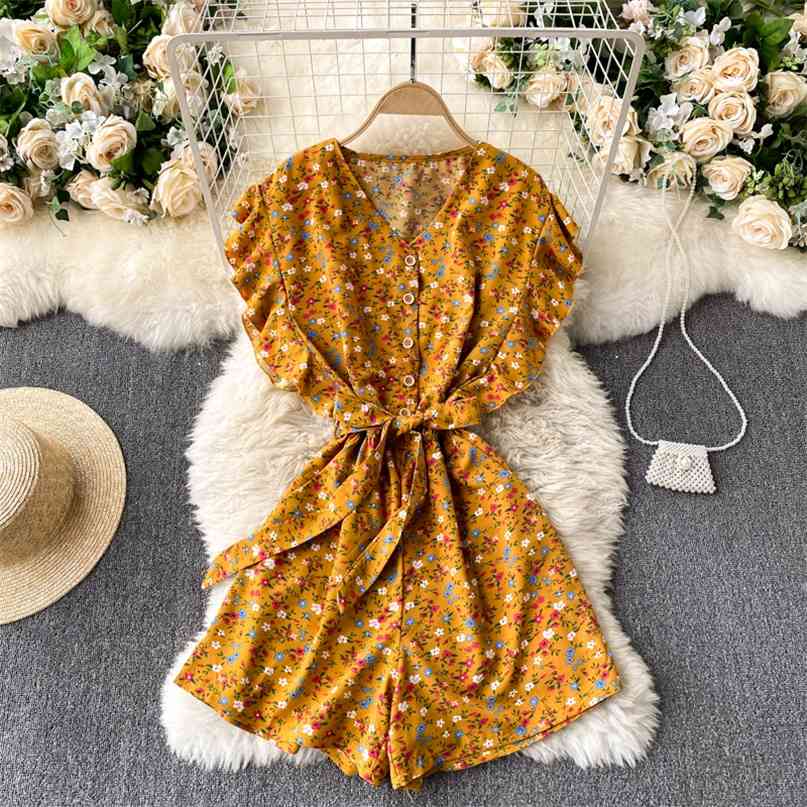 

Fashion Summer Floral Print Jumpsuit Women Boho Style Single Breasted V-neck Sleeveless Ruffles Beach Playsuits 210603, White
