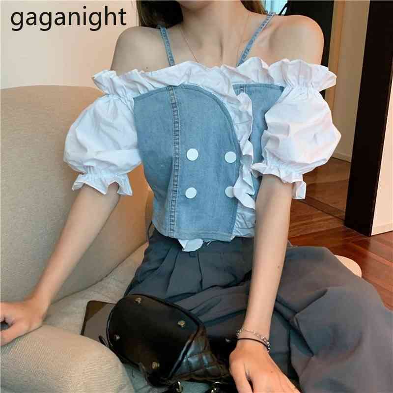 

Gaganight Sexy Women Blouse Ruffles Crop Chic Korean Shirt Female All Mathc Summer Short Sleeve Blusas Club Shirts Dropship 210519, Sky blue