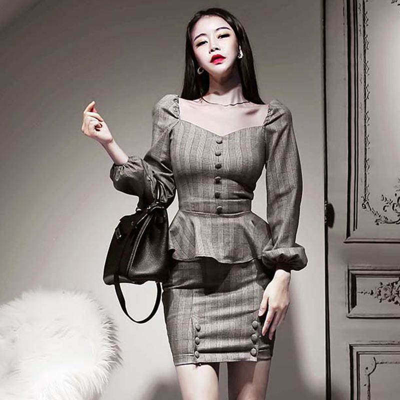 

Two Piece Dress Spring Plaid Set Women Sexy Square Collar Ruffle Blazer And Mini Pencil Skirt Elegant Korean Office Lady Skirts Suit, Dark grey