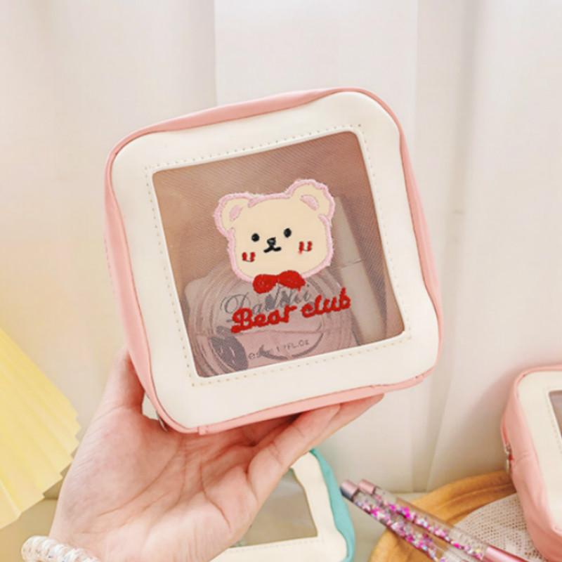 

Teen Girl Cute Cosmetic Bag Women Transparent Cases Students Mesh Pencil Bags Mini Wash Storage Pouch Fashion Bear &