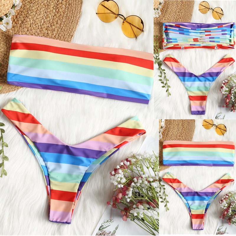 Beach Striped Swimsuit Women&#039;s Split Color Bikini-image-678301069