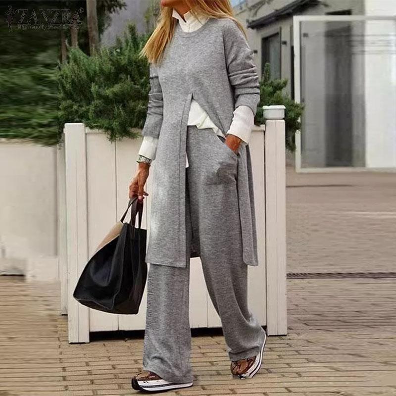 

Women's Two Piece Pants Tracksuit Autumn Long Sleeve Wide Leg Trouser Suits ZANZEA 2021 Urban Casual Solid Matching Sets 2PCS Pant Mujer, White