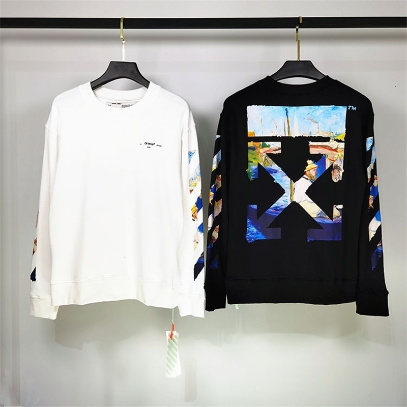 

Sweatshirts Men's Hoodies Off Style White Monet Oil Painting Boat Arrstyle Round Neck Sweater Hip Hop Loose Couple Spring and Autumn Tide, Black