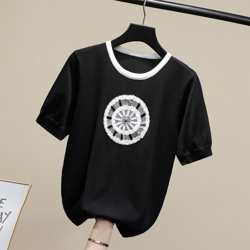 

VANOVICH Embroidery Summer Fashion Casual Wild Ladies T Shirts Round Neck Knitted T-shirt Short Sleeve Women' Top 210615, White