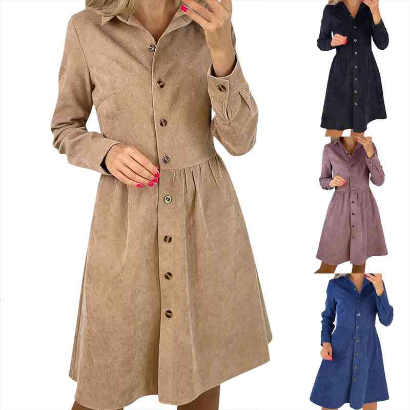 

Autumn Solid Shirt Dress Women Casual Corduroy Long Sleeve Button Ruched Dresses For Elegant A-line Winter Robe Vestido, Black;gray