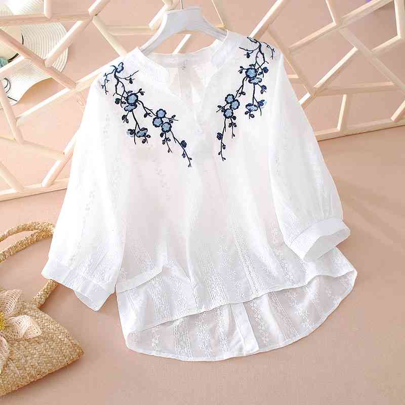 

VANOVICH Fashion Women Shirt Summer Wild Casual Cotton Embroidery Ladies Blouses Sunscreen Clothing 210615, White