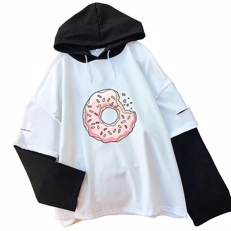 

Women's Hoodies & Sweatshirts Hooded Sweatshirt Y2k Spring Autumn False 2Pcs Splic Crative Doughnut Cartoon Print Loose Harajuku Kawaii Blou, Black