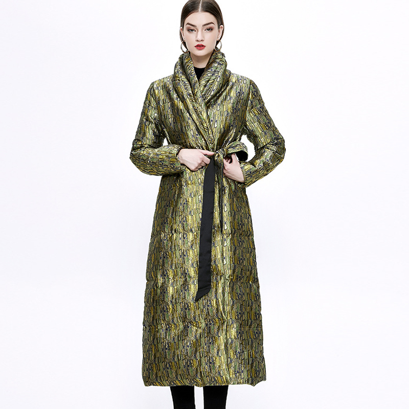 

Women's White Duck Down Coat Long Sleeves Lace Up Belt Dobby Winter Thick Parkas Overcoat Warm Outerwear, Multi