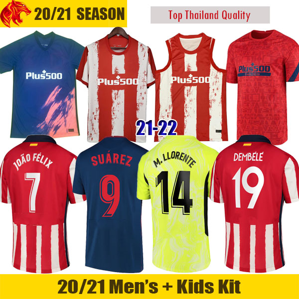 

21 22 JOÃO FÉLIX Atletico Soccer Jerseys de Madrid 2021 SUAREZ CORREA KOKE DEMBELE Carrasco M.LLORENTE Men Kids Kit football jersey, Clear
