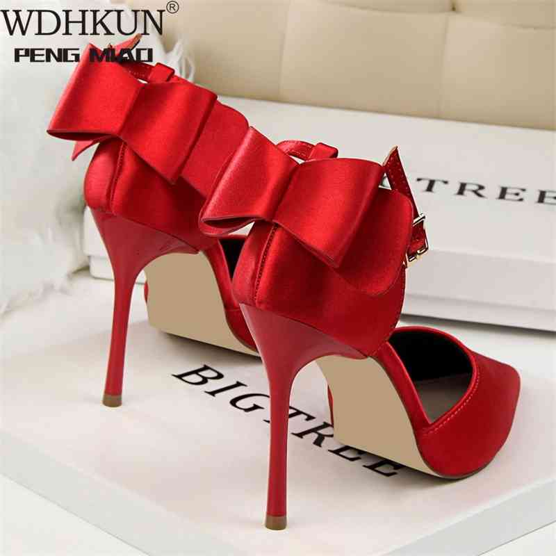 

Sandals Plus Size -43 Women Shoes Pointed Toe Pumps Dress High Heels Boat Wedding Tenis Feminino Side with Bow SO55, Black