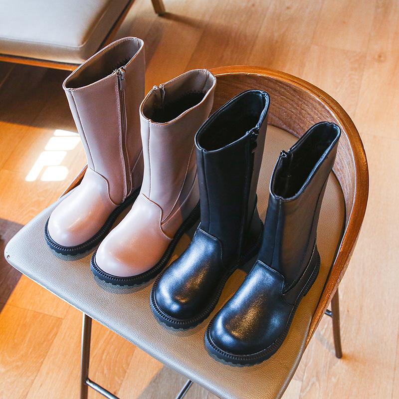 

Boots Girls Princess Leather Fashion Western Style Mid-tube Winter Plus Velvet, Black;grey