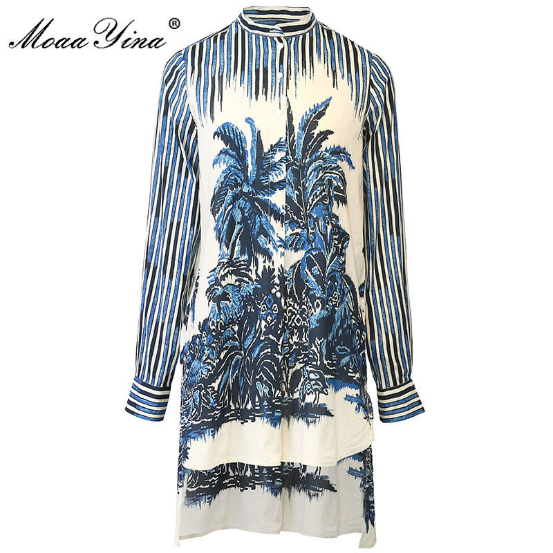 

Summer Fashion Shirt style Dress Women Long sleeve Single-breasted Striped jungle print Loose Mini 210524, Navy blue