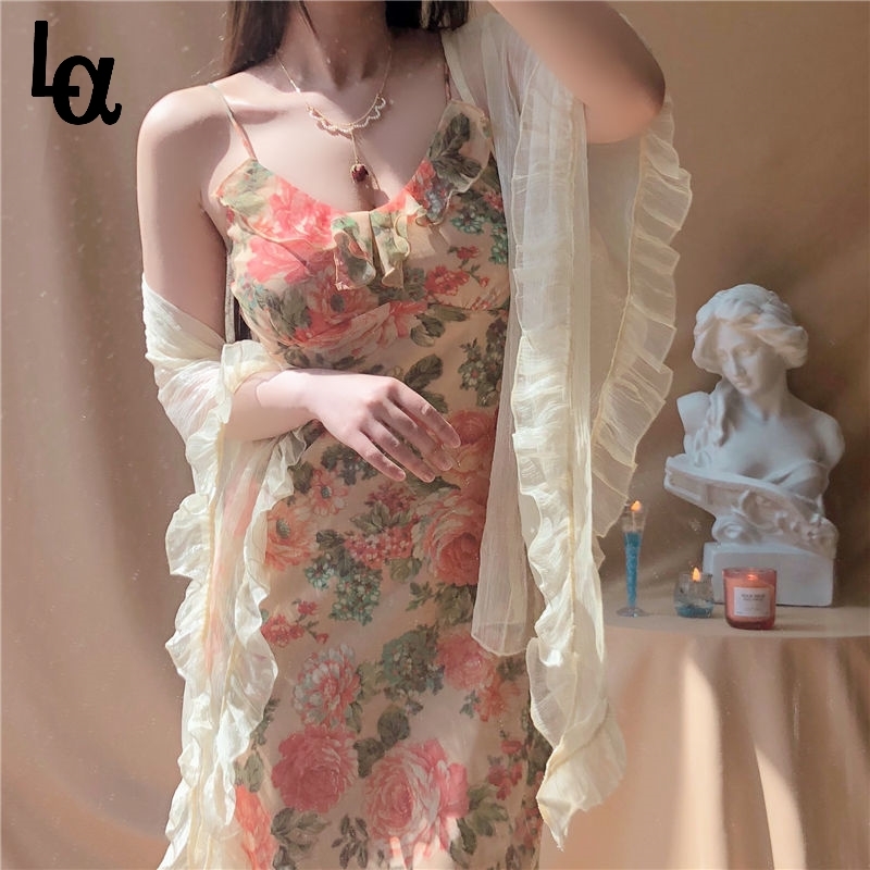 

French Sweet Vintage Floral Dress Women Casual Spaghetti Strap Beach Female Summer Office Lady 210519