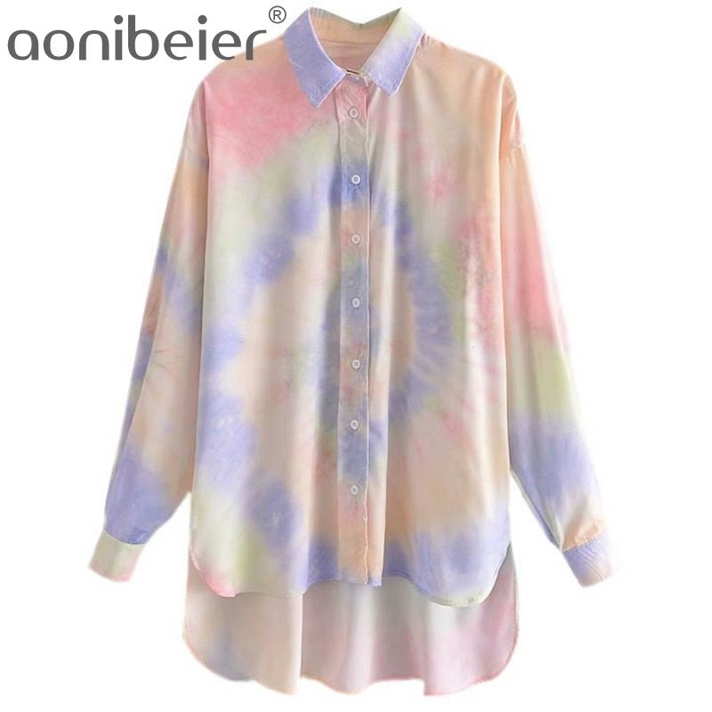 

Rainbow Tie Dye Summer Women Loose Shirts Fashion Drop Shoulder Long Sleeve Casual Blouses Female High Low Hem Tops 210604, 01