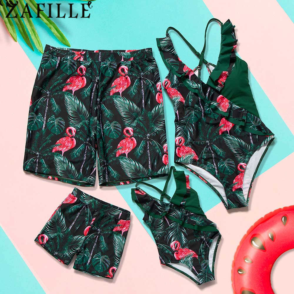 

ZAFILLE Women's Swimsuit Kid Flamingo Girls' Swimsuit Green Bathing Suit Family Swimwear Women Ruffles Swimming Suit Boy Shorts 210629, Light blue