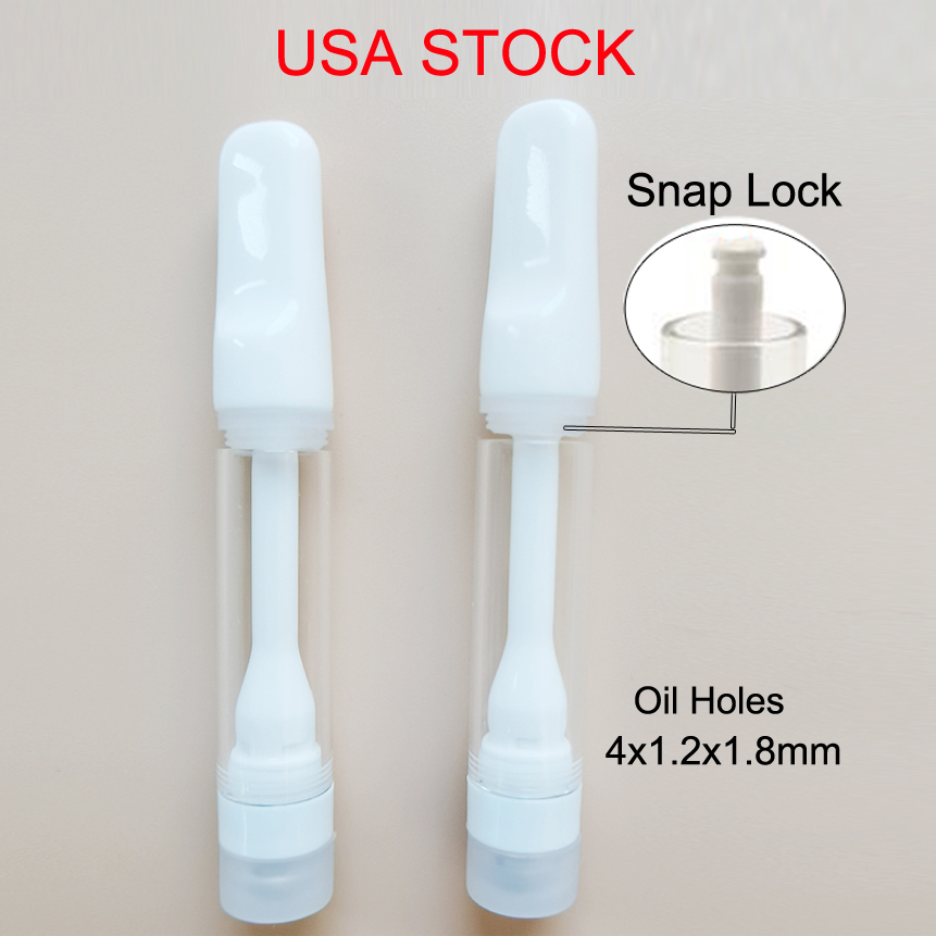 

1ml 0.8ml Full Ceramic Vape Cartridges Atomizers Empty D8 Thick Oil 510 Carts Snap Lock Glass Tanks 4 Oil Holes Disposable Pen Vaporizer NO Clogging Cartridge USA STOCK