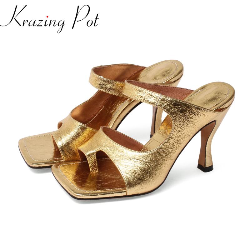 

Krazing Pot Genuine Leather Super High Heels Peep Toe Colorful Lovely Mules Flip Flops Nightclub Cozy Sexy Dating Sandals L29 Dress Shoes, Black