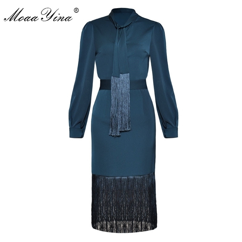 

MoaaYina Fashion Career Office Two-piece suit Spring Women Bow colla Elegant Shirt Tops+Sexy Package buttocks Tassel skirt Set 211109, Green