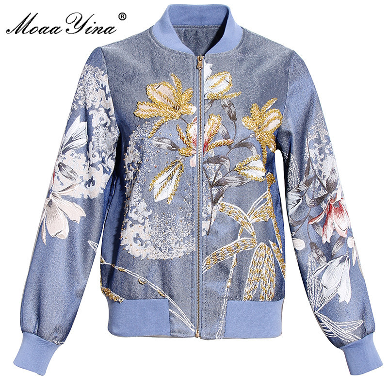 

High Quality Fashion Designer Jacket jacket Autumn Women Floral Jacquard Beading Vintage Elegant 210524, Blue
