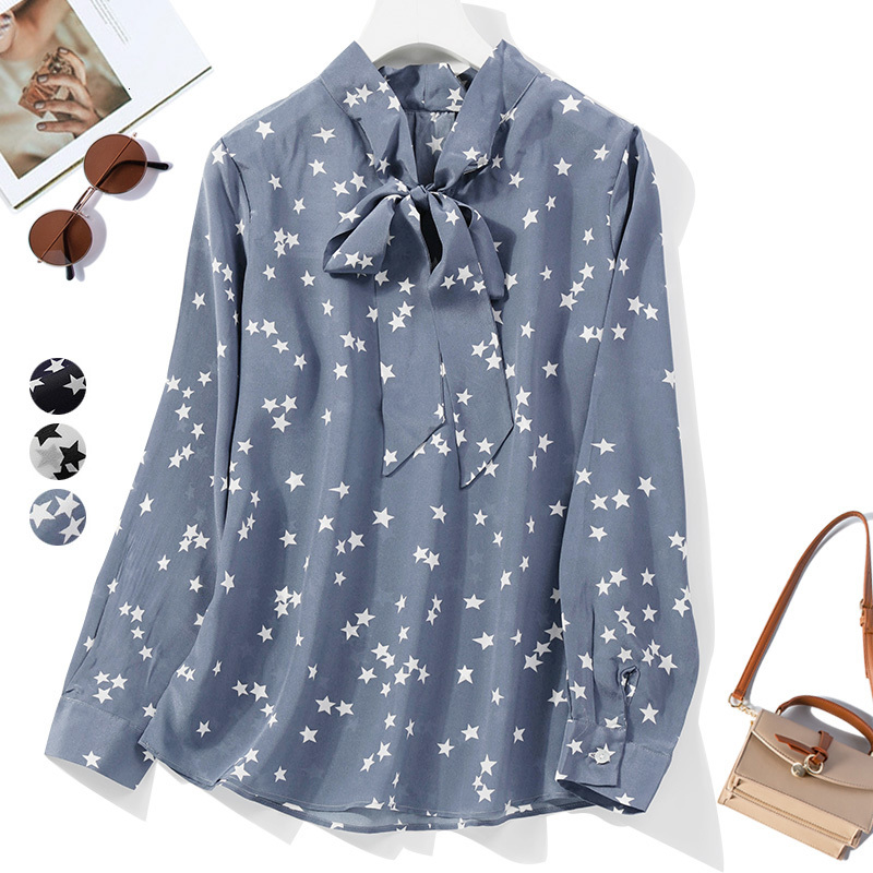 

blouses Women's 100% Mulbery Silk Tow Tie neck long sleeve Shirt Top Blouse office work stars print JN567, Blue