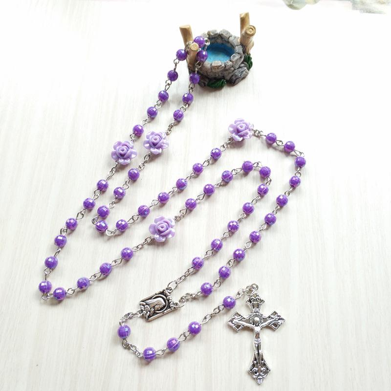

Pendant Necklaces Church Prayer Rosary Necklace Purple Acrylic Rose Flower Beads Chain Virgin Mary Our Lady Medal Catholic Crucifix Cross Je, Silver