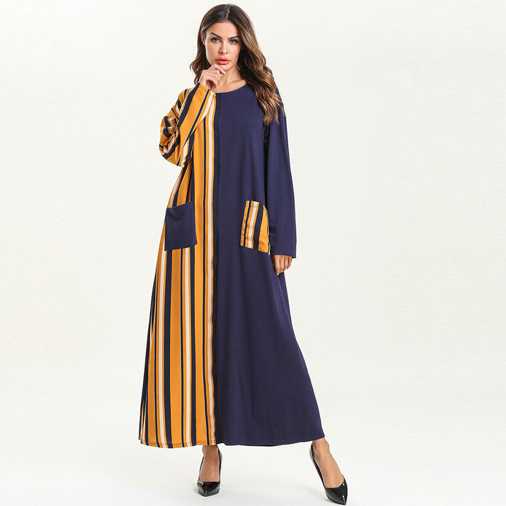 

Middle East Muslim Dress Women Loose Striped Poet A-line Maxi Dresses Dubai Kimono Arab Abaya Jubah Robe Islamic Clothing 4XL