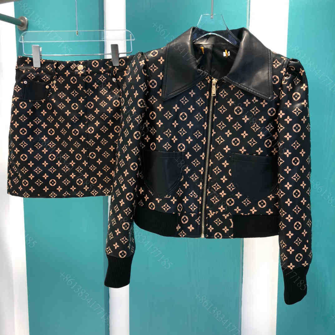 

2021ss brand women leather jacket suit dress sheepskin presbyopia print casual motorcycle jacket Louisclothes brand winter ladies two-piece