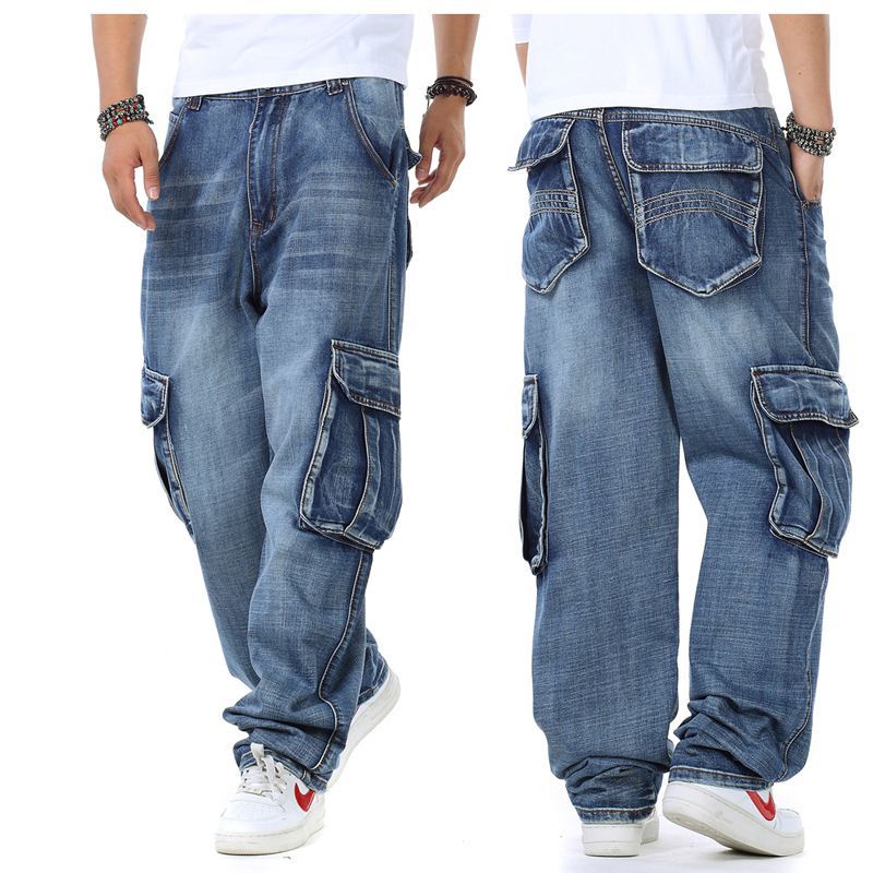 

Men's Baggy Hip Hop Jeans Multi Pockets Skateboard Cargo for Men Tactical Denim Joggers Pants Plus Size 44, Single pocket blue