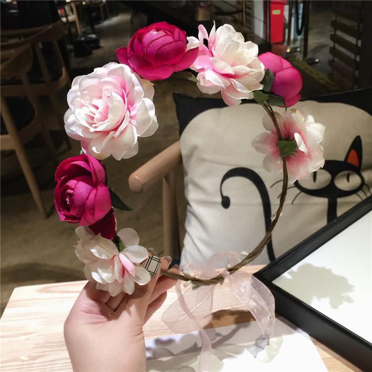 

Headpieces Bride Headdress Fairy Head Flower Wreath Headband Wedding Dress With Pink Big Flowers Hair Accessories Travel