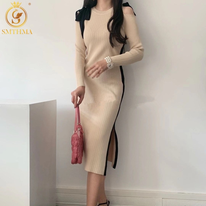 

Korea Chic Vintage Patchwork Bow Sexy Strapless Dress Female Autumn Long Sleeve Knitted Pullovers Women Vestido 210520, Photo color