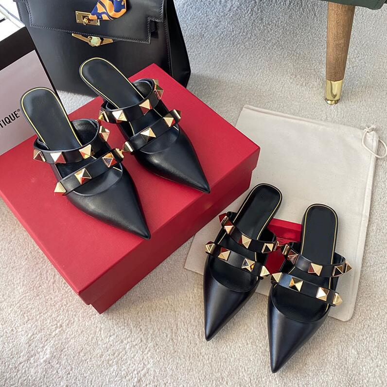 

2022 new fashion pointed toe high heels leather toe cap flat slippers pointed toe stiletto rivet sandals single shoes