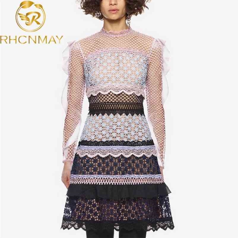 

High Quality Lace Dress Spring Summer Women Fashion Runway Vintage Mini Long Sleeve Flower Sexy Vestidos 210520, Picture color