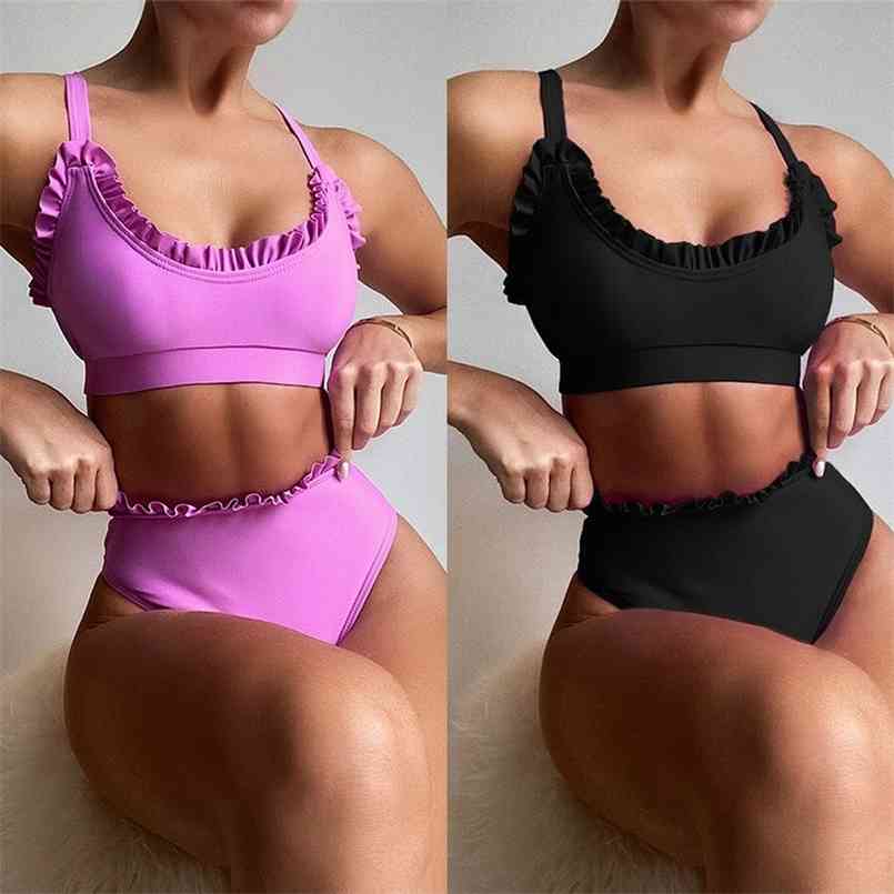 

Sexy High Waist Bikini Push Up Women's Swimsuit Pure Colour Ruffle Swimwear Cut Bathing Suit Beachwear 210722, Purple