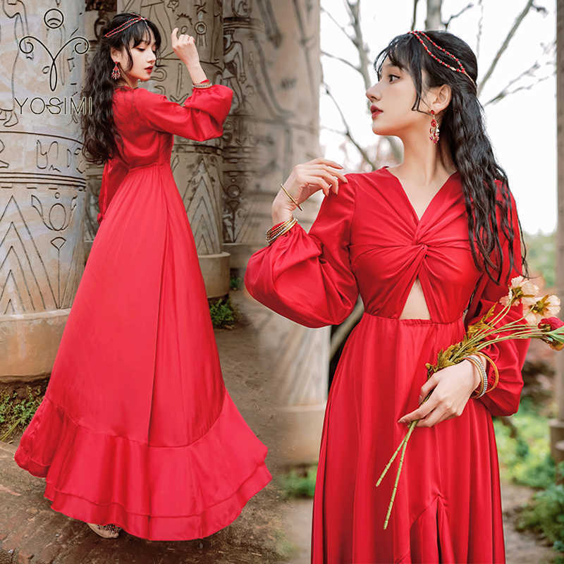 

YOSIMI Long Women Dress Summer Maxi Red V-Neck Fit and Flare Lantern Sleeve Vestido Sexy Evening Party Cut Waist 210604