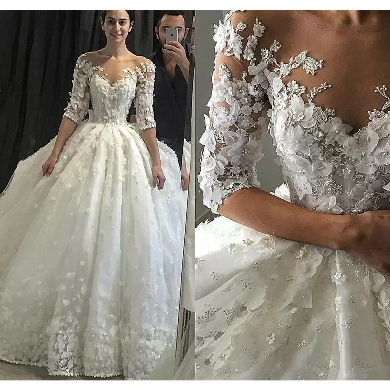 

2022 Half Sleeves Ball Gown Wedding Dresses Bridal 3D Floral Applique Handmade Flowers Beads Scoop Neck Cathedral Train Custom Made Arabic Plus Size Vestido de novia, Same as image