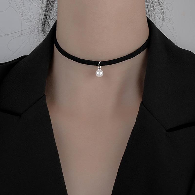 

Other 925 Sterling Silver Choker Clavicle Chain Black Leather Short Necklace Collar Pearl Pendant Women Fine Jewelry
