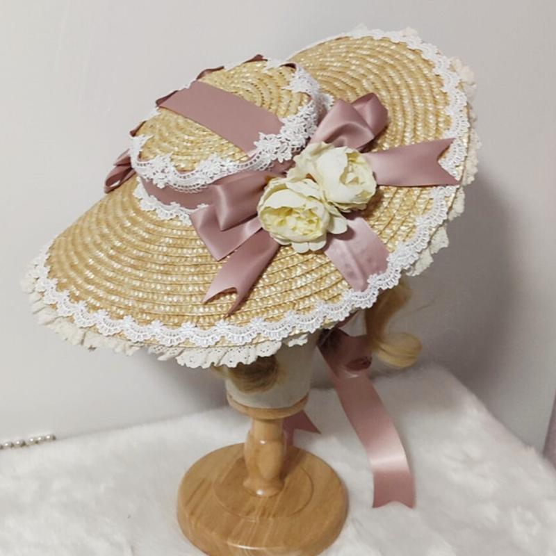 

Wide Brim Hats K3NF Japanese Lolita Sweet Handmade Straw Sun Hat Lace Patchwork Ribbon Bandage Bowknot Elegant Tea Party Beach Flat, 6ee407771-a