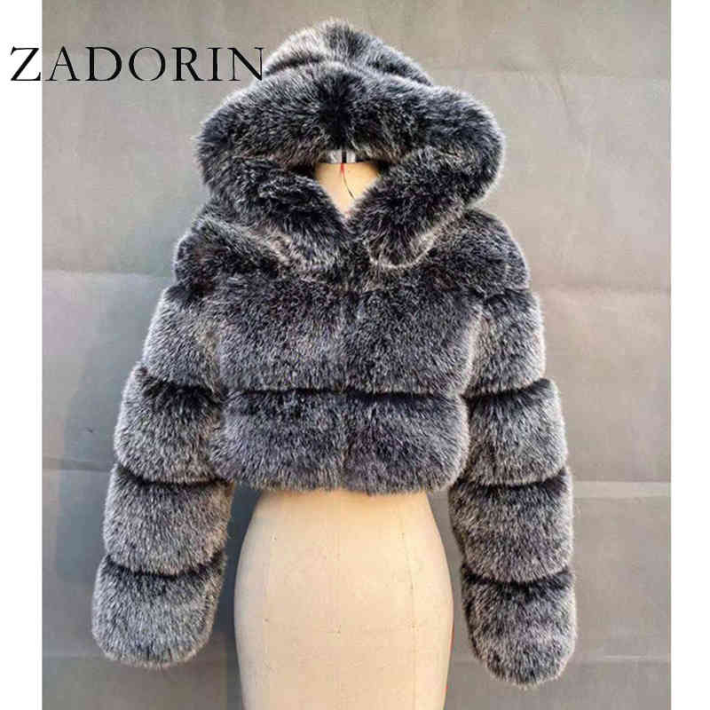 

ZADORIN High Quality Furry Cropped Faux Coats and Jackets Women Fluffy Top Coat with Hooded Winter Jacket manteau femme, Fox color with tip