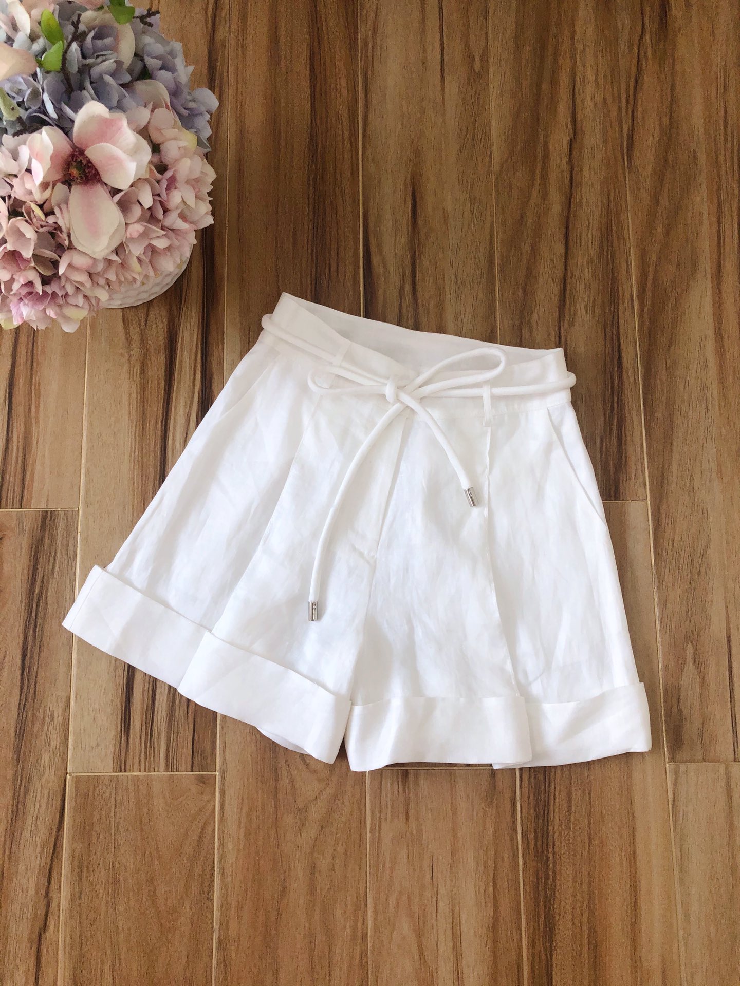 

2021 new waist lace up hem folding linen solid shorts, Pink