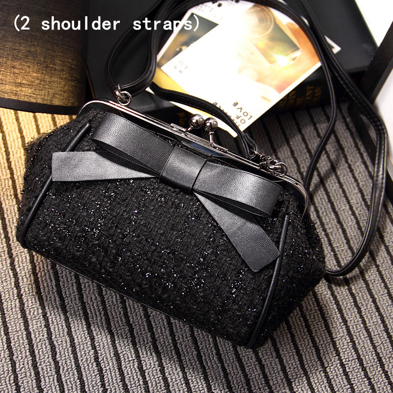 

Wholesale ladies leather chain bags sweet and lovely bow fashion backpack winter western style woolen plaid clutch bag black Joker fashion buckle women handbag, Blue1(chain belt)