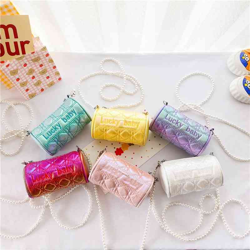 

Lingge embroidery slant span 2021 New Cute bucket Mini Bag children's pearl chain bag, White